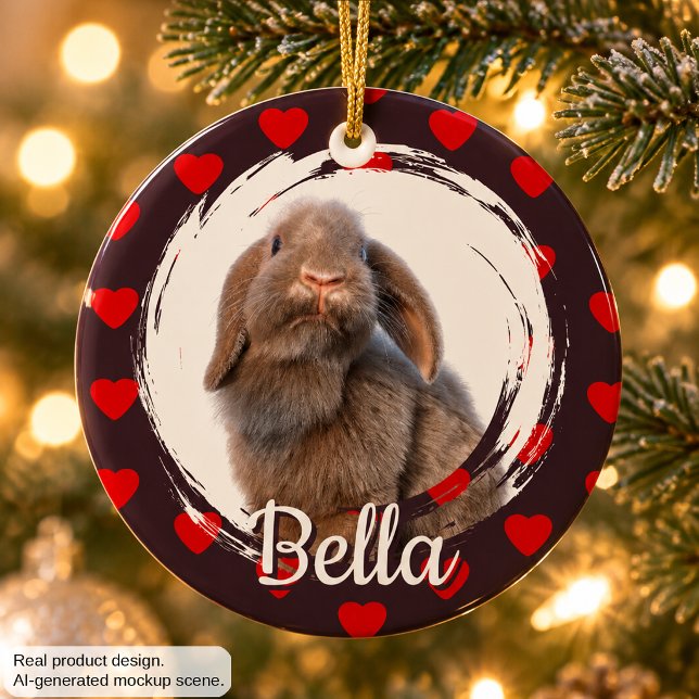 Custom Holland Lop Rabbit Photo and Name Ceramic Ornament with Hearts