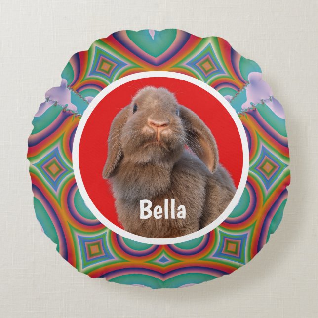 Custom Holland Lop Rabbit Photo and Name Rainbow Art Round Pillow