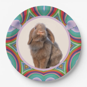 Custom Holland Lop Rabbit Photo Rainbow Art Paper Plates