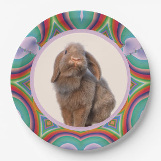 Custom Holland Lop Rabbit Photo Rainbow Art Paper Plates