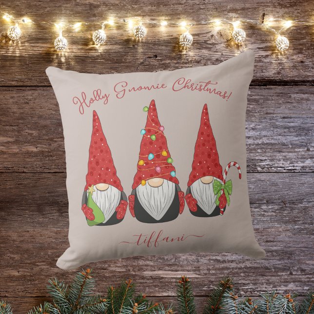 Custom Holly Gnomie Christmas Festive Gnomes Pink Throw Pillow (Creator Uploaded)