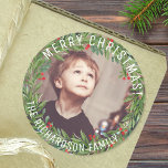 Custom Holly Wreath Family Photo Christmas Classic Round Sticker<br><div class="desc">Add a touch of festive charm to your presents with this round sticker featuring a classic Christmas wreath.  Customize it with your family photo,  name,  and a warm "Merry Christmas" greeting to add a personalized touch to your holiday gifts.</div>