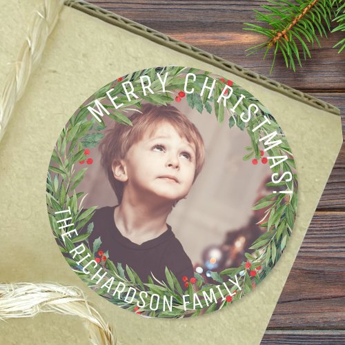Custom Holly Wreath Family Photo Christmas Classic Round Sticker