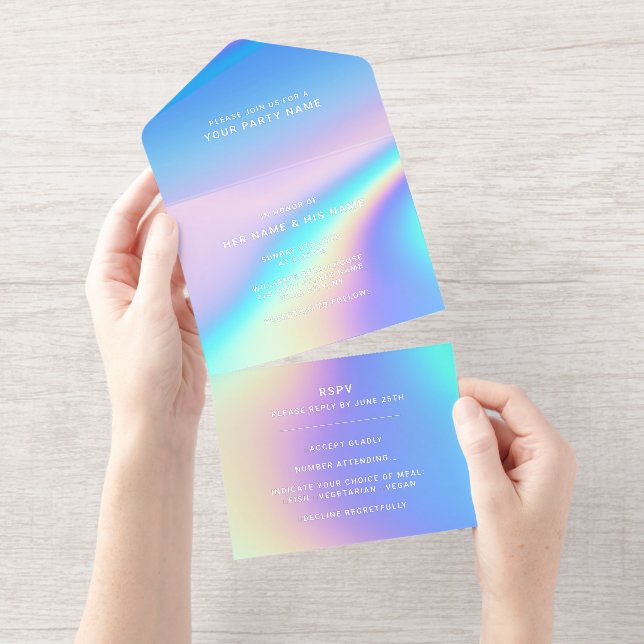 Custom Holographic Modern Elegant Foil All In One Invitation (Tearaway)