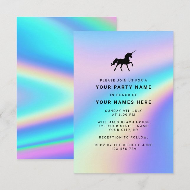 Custom Holographic Modern Elegant Unicorn Party Invitation (Front/Back)