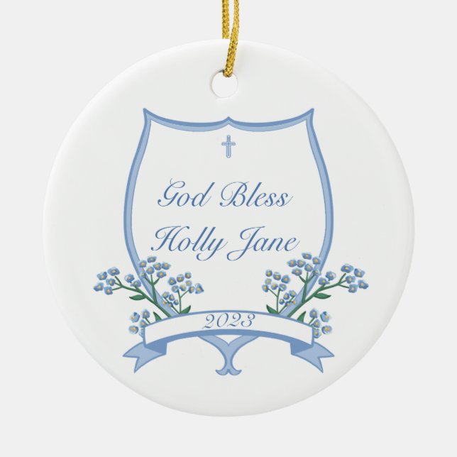 Custom Holy Baptism First Communion Floral Baby Ceramic Ornament (Front)