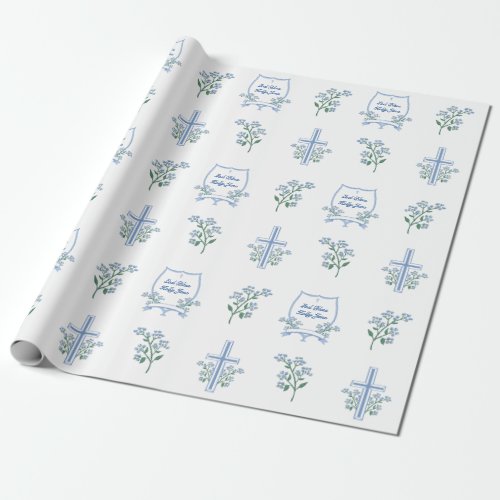 Custom Holy Baptism First Communion Floral Cross Wrapping Paper