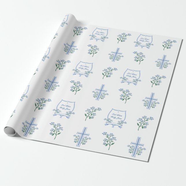 Custom Holy Baptism First Communion Floral Cross Wrapping Paper (Unrolled)