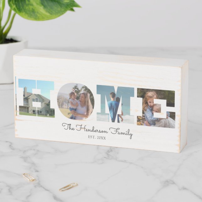 Custom Home 4 Photo Family Name Wooden Box Sign (In Situ Horizontal)