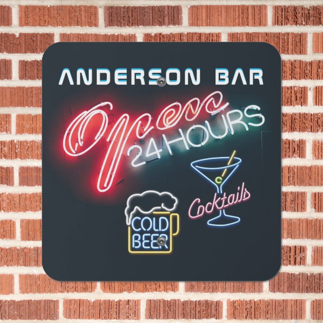 Custom HOME BAR Cocktails Beer Mancave Open 24hrs Metal Sign (In Situ(Brick))