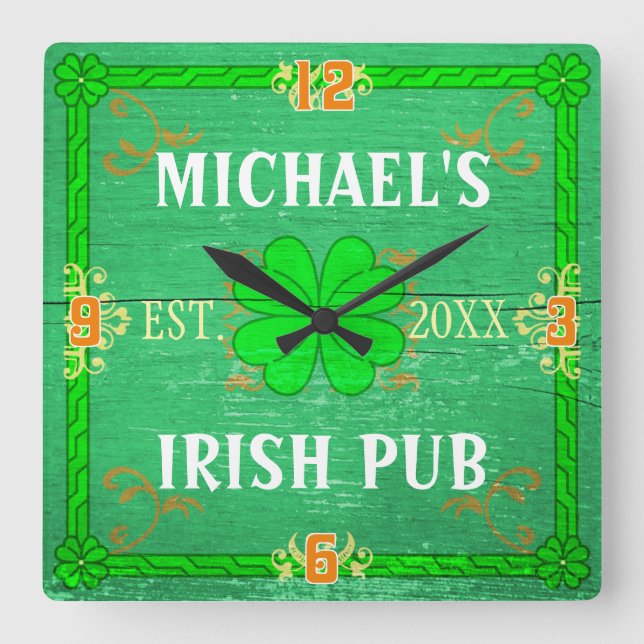 Custom Home Bar Irish Pub Green Wood with Name Square Wall Clock (Front)