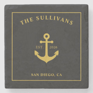Custom Home Bar Monogram Black Gold Anchor Stone Coaster