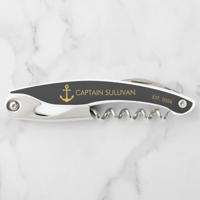 Custom Home Bar Monogram Black Gold Anchor Waiter's Corkscrew (Front)
