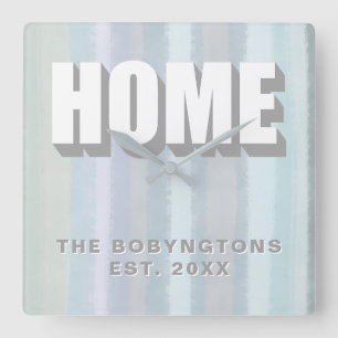 Custom Home Family name pastel stripes neutral  Square Wall Clock