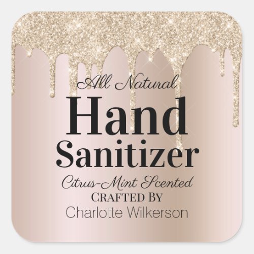 Custom Homemade Hand Sanitizer Gold Glitter Drip Square Sticker