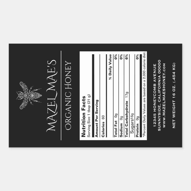 Custom Homemade Honey Nutrition Labels (Front)