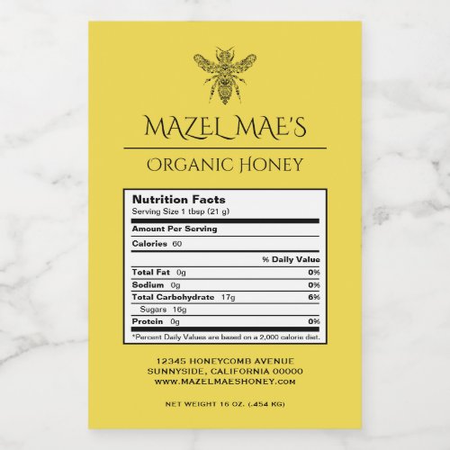 Custom Homemade Honey Nutrition Labels