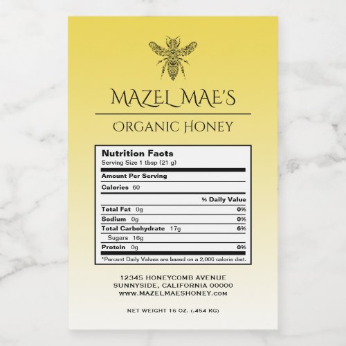 Custom Homemade Honey Nutrition Labels