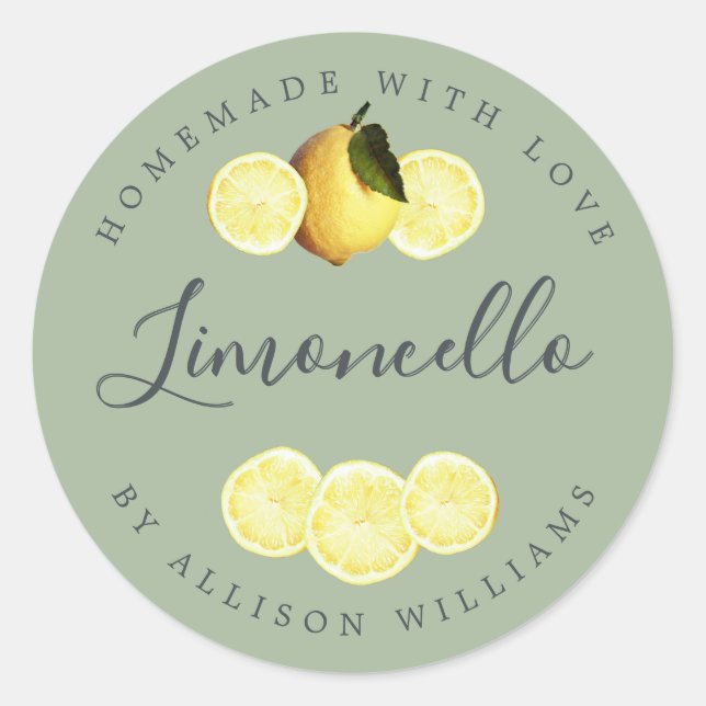 Custom Homemade Limoncello Laurel Green Classic Round Sticker (Front)