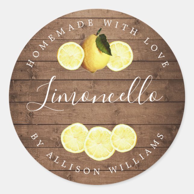 Custom Homemade Limoncello Rustic Wood Classic Round Sticker (Front)