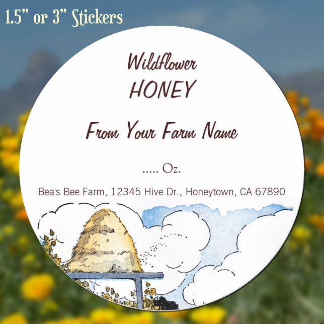 Custom Honey Happy Beehive Vintage Art 3" Sticker (Beehive and bees vintage art honey stickers)