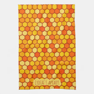 Custom Honeycomb Bright Orange and Golden Beehive Kitchen Towel