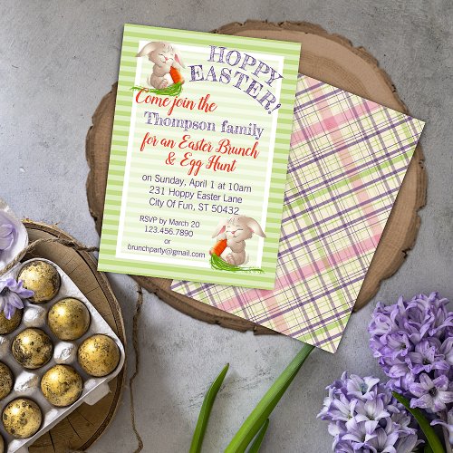 Custom Hoppy Easter Bunny Stripes Plaid Pattern Invitation