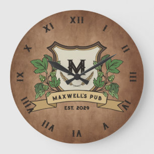 Custom Hops Barley Crest Your Pub Monogram Large Clock
