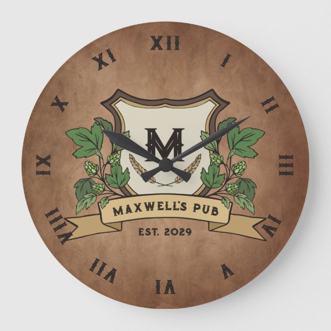 Custom Hops Barley Crest Your Pub Monogram Large Clock (Front)