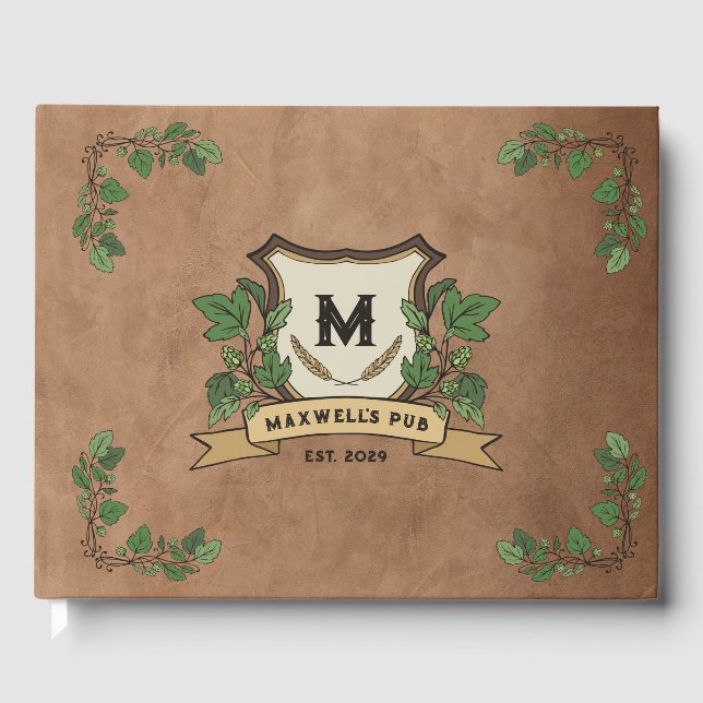 Custom Hops Barley Monogram Weathered Your Pub  Guest Book (Front)