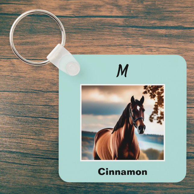 Custom Horse Photo Blue Personalized Monogram Keychain (A keyring to personalized with your horse's photo and name, and your initial as a monogram)