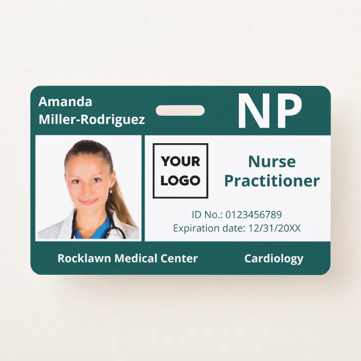 Custom Hospital Employee Logo Blue Green Photo ID Badge | Zazzle