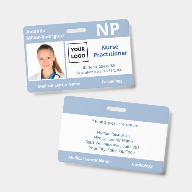 Custom Hospital Employee Logo Light Blue Photo ID Badge (Front & Back)