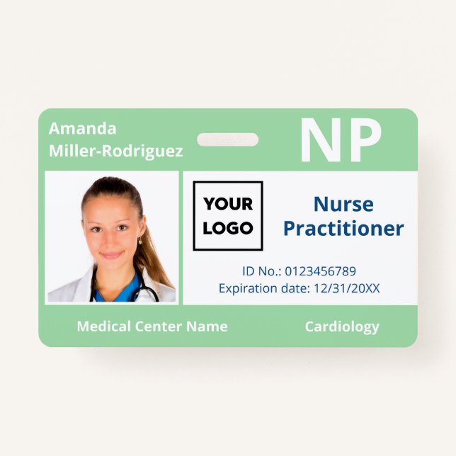 Custom Hospital Employee Logo Light Green Photo ID Badge (Front)