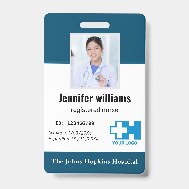 Custom Hospital Employee Logo & Photo navy blue ID Badge (Front)