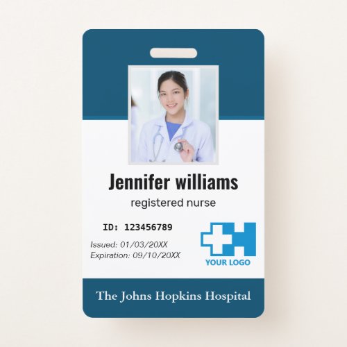 Custom Hospital Employee Logo  Photo navy blue ID Badge