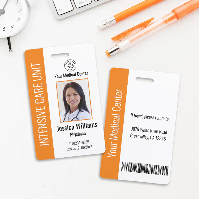 Custom Hospital Employee Logo Photo Orange ID Badge | Zazzle