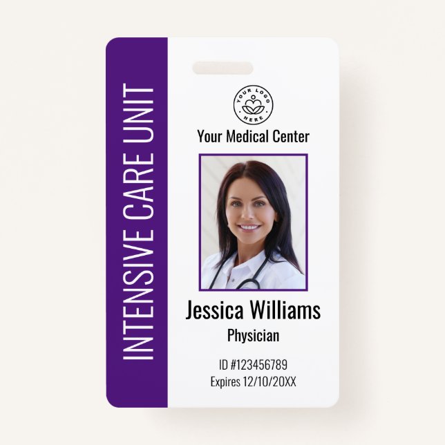 Custom Hospital Employee Logo Photo Purple ID Badge (Front)