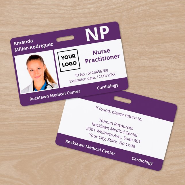 Custom Hospital Employee Logo Purple Photo ID Badge (Custom Hospital Employee Logo Purple Photo ID Badge, front/back)