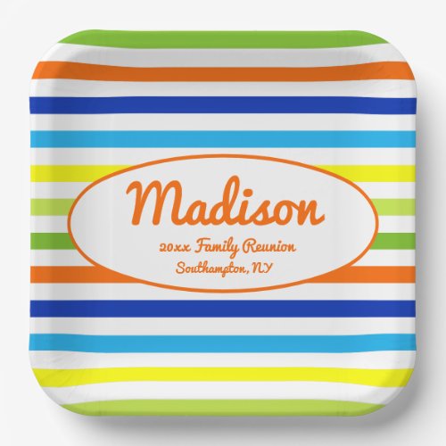 Custom Hot Orange Modern Stripes Family Reunion Paper Plates