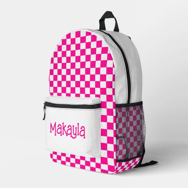 Custom Hot Pink and White Checkered  Printed Backpack (Back Corner Right)