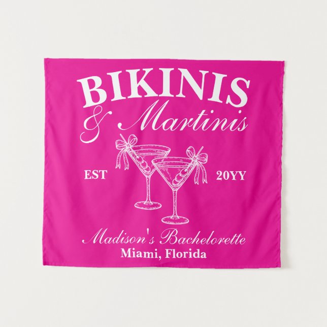 Custom Hot Pink Bikinis and Martinis Bachelorette Tapestry (Front (Horizontal))