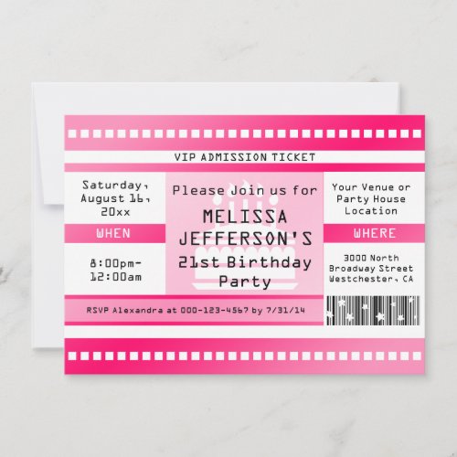 Custom Hot Pink Birthday Party Admission Ticket Invitation