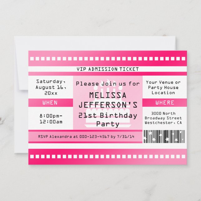 Custom Hot Pink Birthday Party Admission Ticket Invitation (Front)