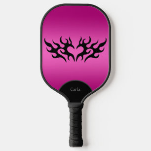 Custom Hot Pink & Black Tribal Heart Personalized Pickleball Paddle