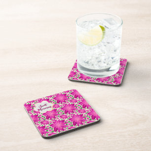 Custom Hot Pink Floral Seamless Pattern  Beverage Coaster