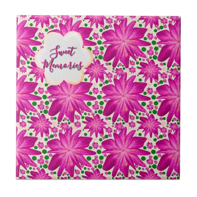 Custom Hot Pink Floral Seamless Pattern  Ceramic Tile (Front)