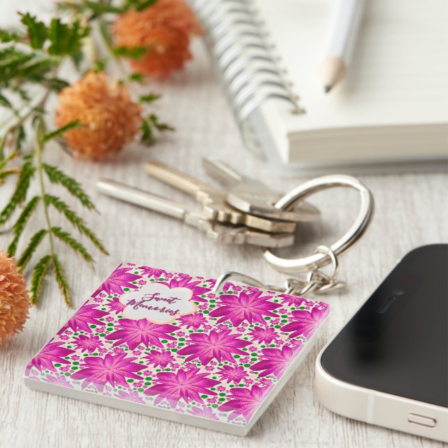 Custom Hot Pink Floral Seamless Pattern  Keychain (Front Right)