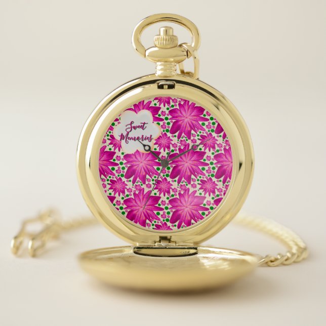 Custom Hot Pink Floral Seamless Pattern  Pocket Watch (Inside)