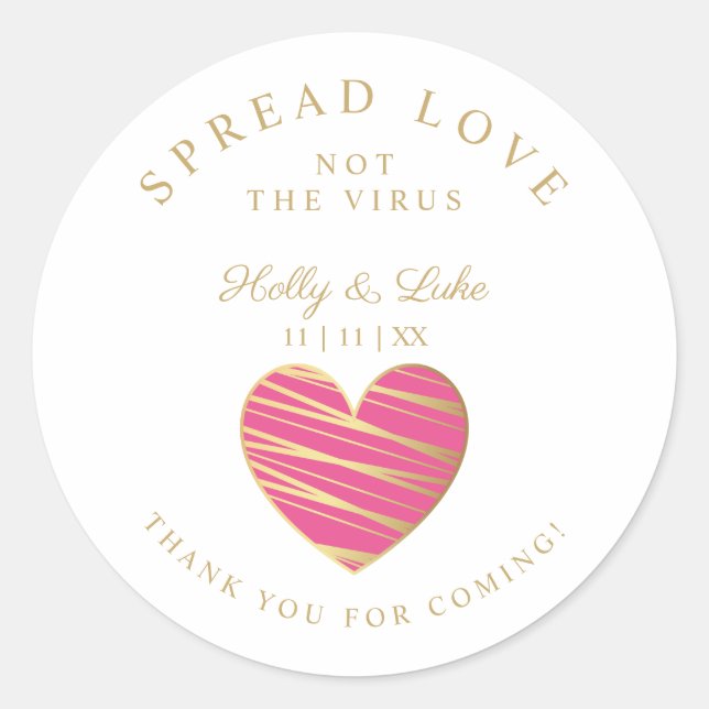 Custom Hot Pink Heart Wedding Sanitizer Hands Classic Round Sticker (Front)